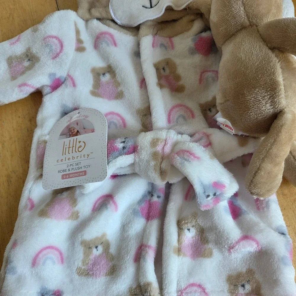 NEW Little Celebrity Two Piece Set Hooded Robe with Plush Teddy Bear Rainbows